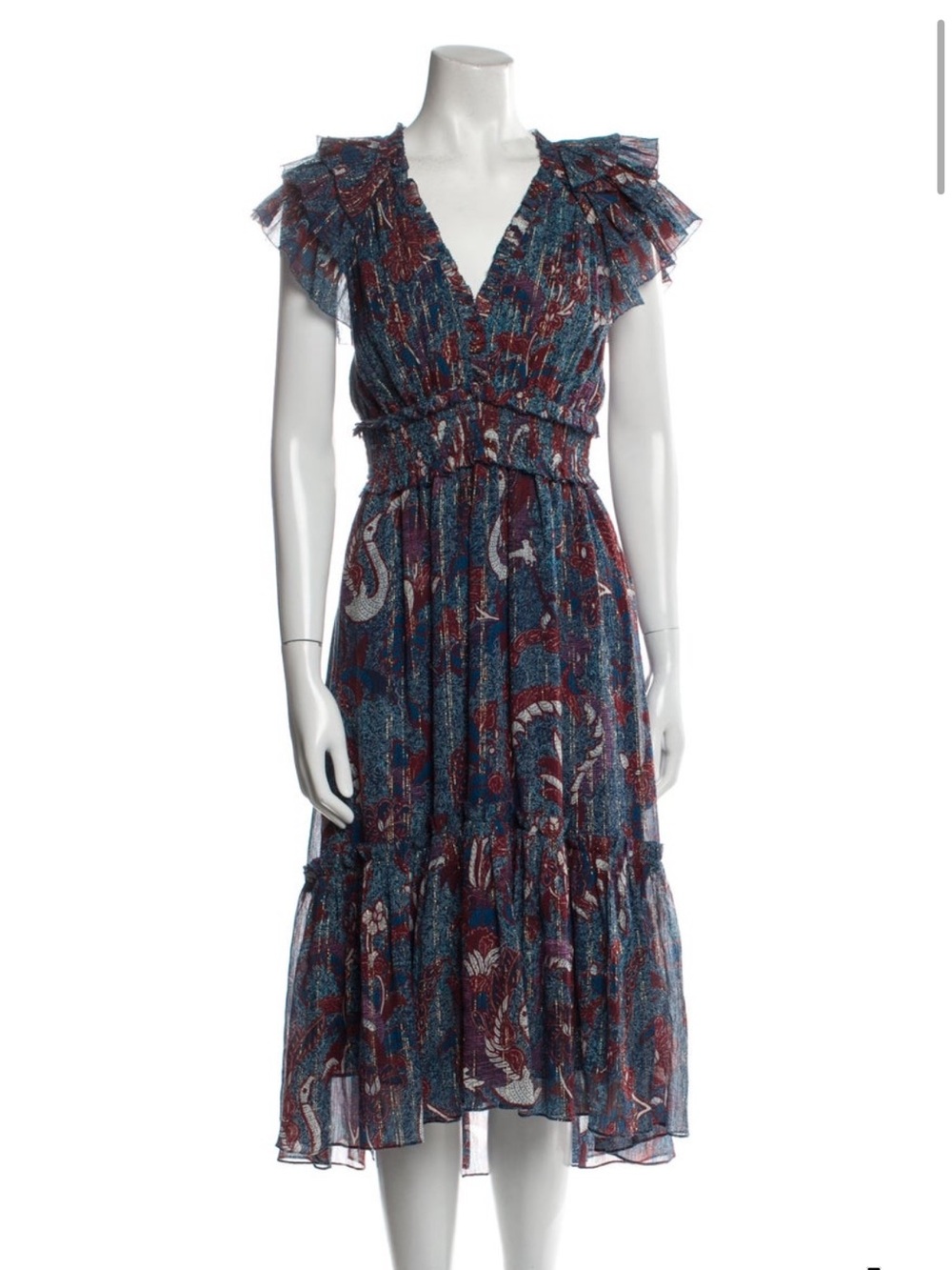 Ulla Johnson Floral Ruffle V-Neck Midi Dress in Navy and Burgundy